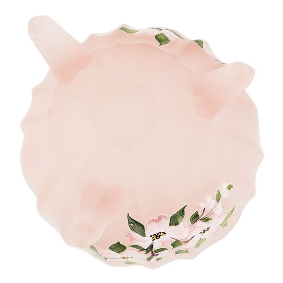 Satin Glass Hand Painted Pink Footed Bowl Scalloped Rim Ribbed Depression VTG - Picture 5 of 6